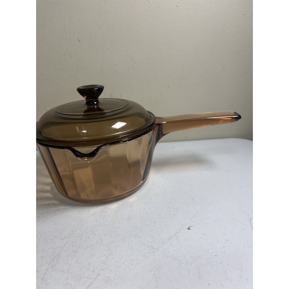 Vintage Corning Vision Ware 1 L Amber Glass Pot Sauce Pan With Lid Made In USA